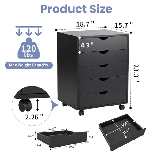 5-Drawers Wood Mobile File Cabinet Under Desk Chest of Shelf, Open Storage Organizer Small Dressers for Home Office, Black