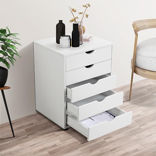 5-Drawers Wood Mobile File Cabinet Under Desk Chest of Shelf, Open Storage Organizer Small Dressers for Home Office, Black