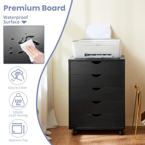 5-Drawers Wood Mobile File Cabinet Under Desk Chest of Shelf, Open Storage Organizer Small Dressers for Home Office, Black