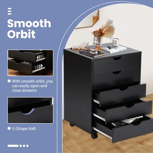 5-Drawers Wood Mobile File Cabinet Under Desk Chest of Shelf, Open Storage Organizer Small Dressers for Home Office, Black