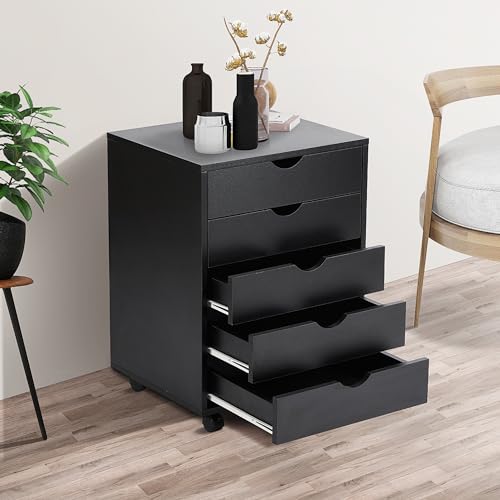 5-Drawers Wood Mobile File Cabinet Under Desk Chest of Shelf, Open Storage Organizer Small Dressers for Home Office, Black