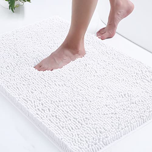 smiry Luxury Chenille Bath Rug, Extra Soft and Absorbent Shaggy Bathroom Mat Rugs, Machine Washable, Non-Slip Plush Carpet Runner for Tub, Shower, and Bath Room (24''x16'', White)