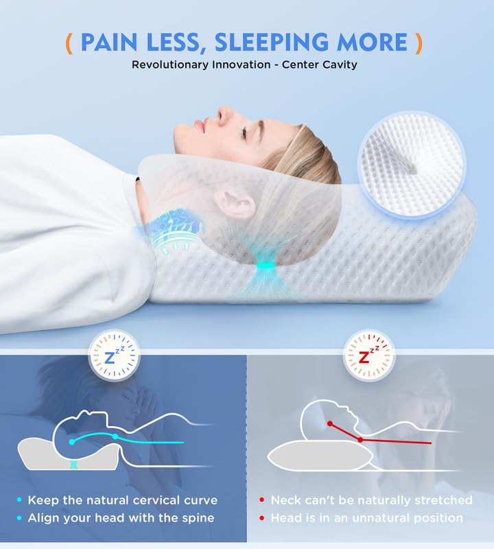 Cervical Pillow for Neck Pain Relief, Hollow Design Odorless Memory Foam Pillows with Cooling Case, Adjustable Orthopedic Bed Pillow for Sleeping, Contour Support for Side Back Stomach Sleepers