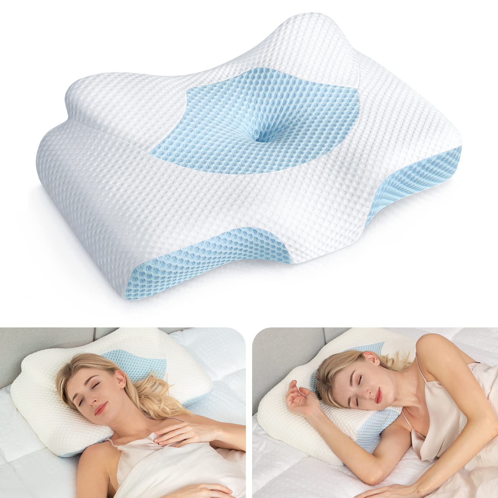 Cervical Pillow for Neck Pain Relief, Hollow Design Odorless Memory Foam Pillows with Cooling Case, Adjustable Orthopedic Bed Pillow for Sleeping, Contour Support for Side Back Stomach Sleepers