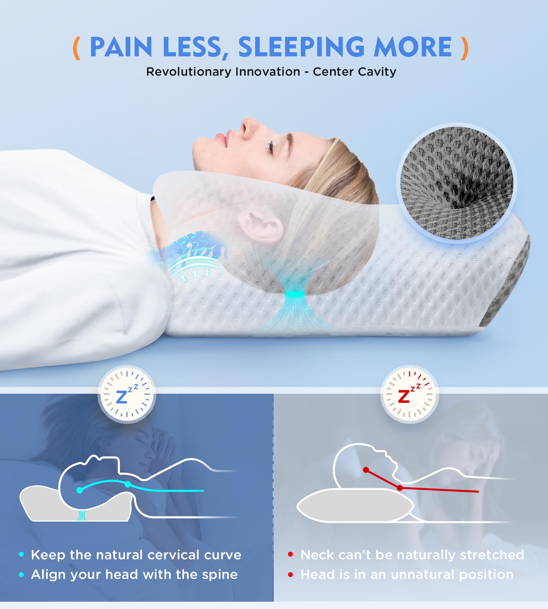 Cervical Pillow for Neck Pain Relief, Hollow Design Odorless Memory Foam Pillows with Cooling Case, Adjustable Orthopedic Bed Pillow for Sleeping, Contour Support for Side Back Stomach Sleepers