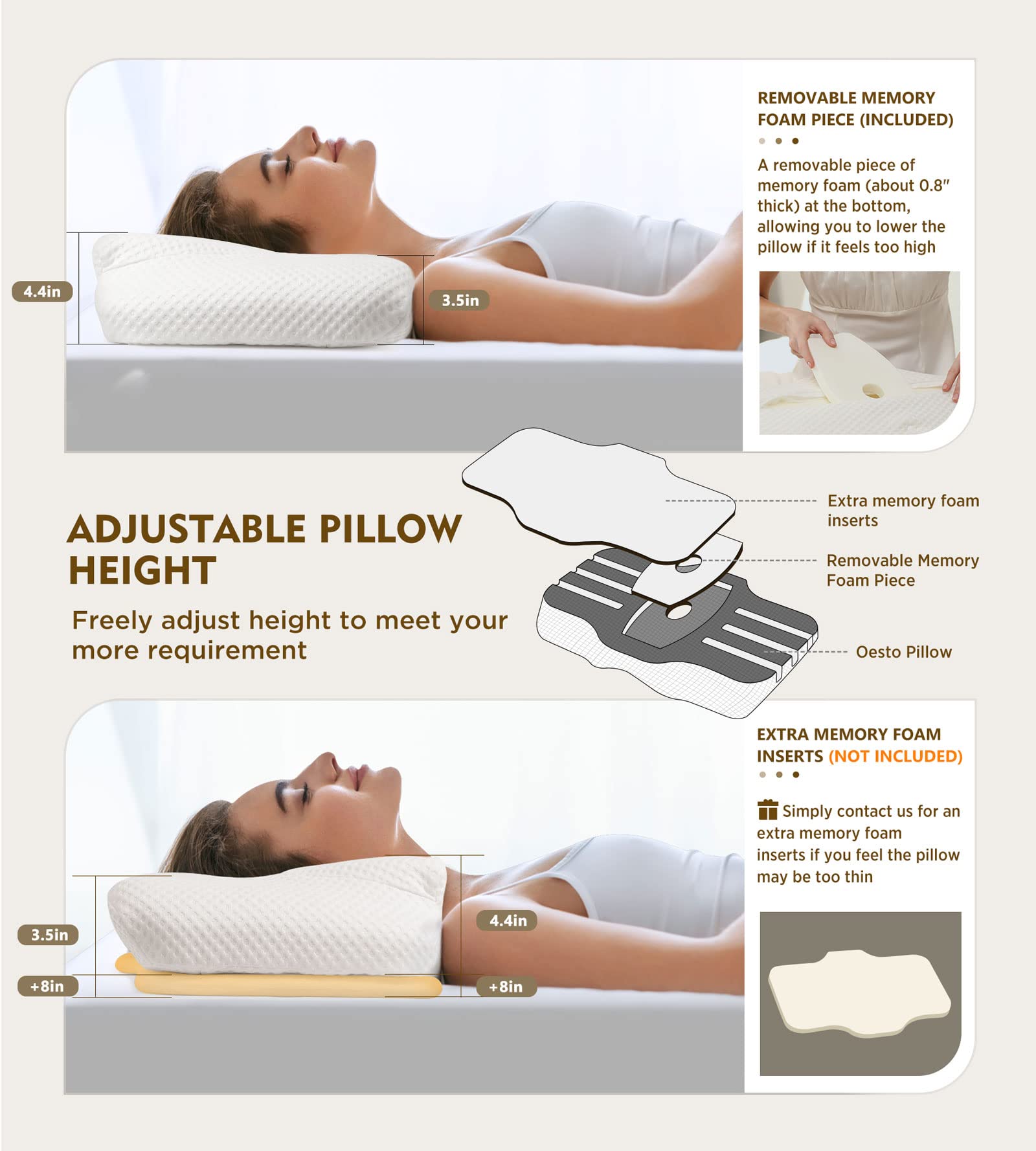 Cervical Pillow for Neck Pain Relief, Hollow Design Odorless Memory Foam Pillows with Cooling Case, Adjustable Orthopedic Bed Pillow for Sleeping, Contour Support for Side Back Stomach Sleepers