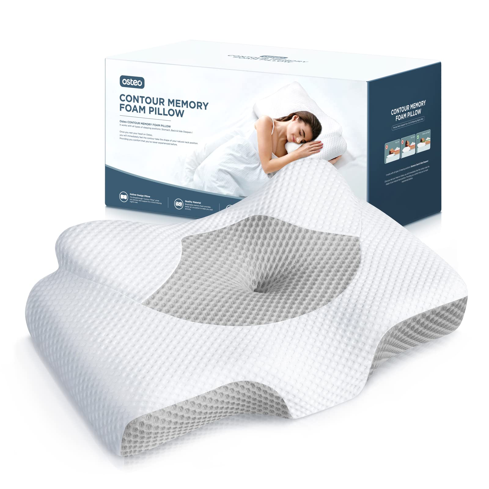 Cervical Pillow for Neck Pain Relief, Hollow Design Odorless Memory Foam Pillows with Cooling Case, Adjustable Orthopedic Bed Pillow for Sleeping, Contour Support for Side Back Stomach Sleepers