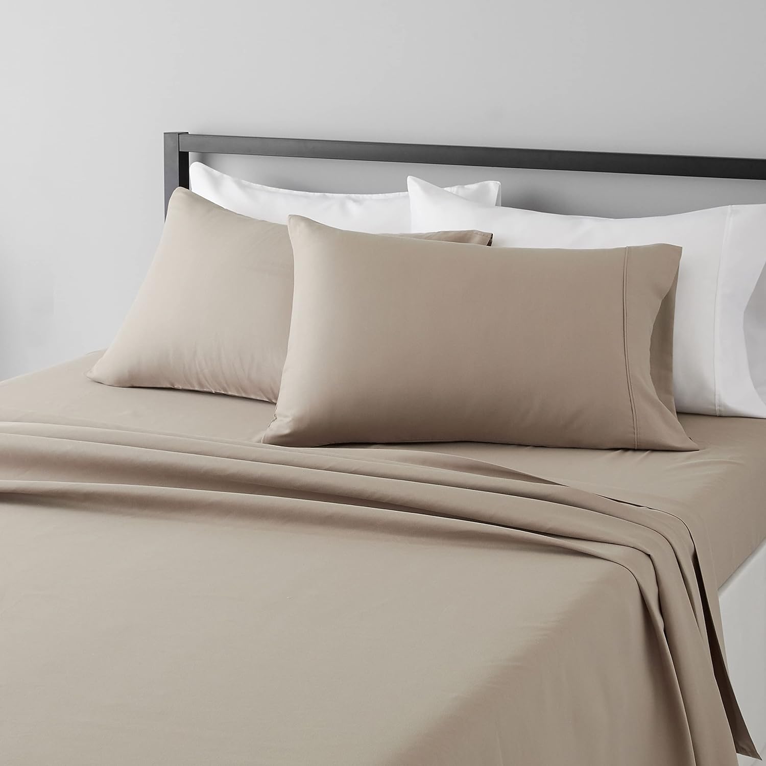 Amazon Basics Lightweight Super Soft Easy Care Microfiber 4-Piece Bed Sheet Set with 14-Inch Deep Pockets, Queen, Beige, Solid