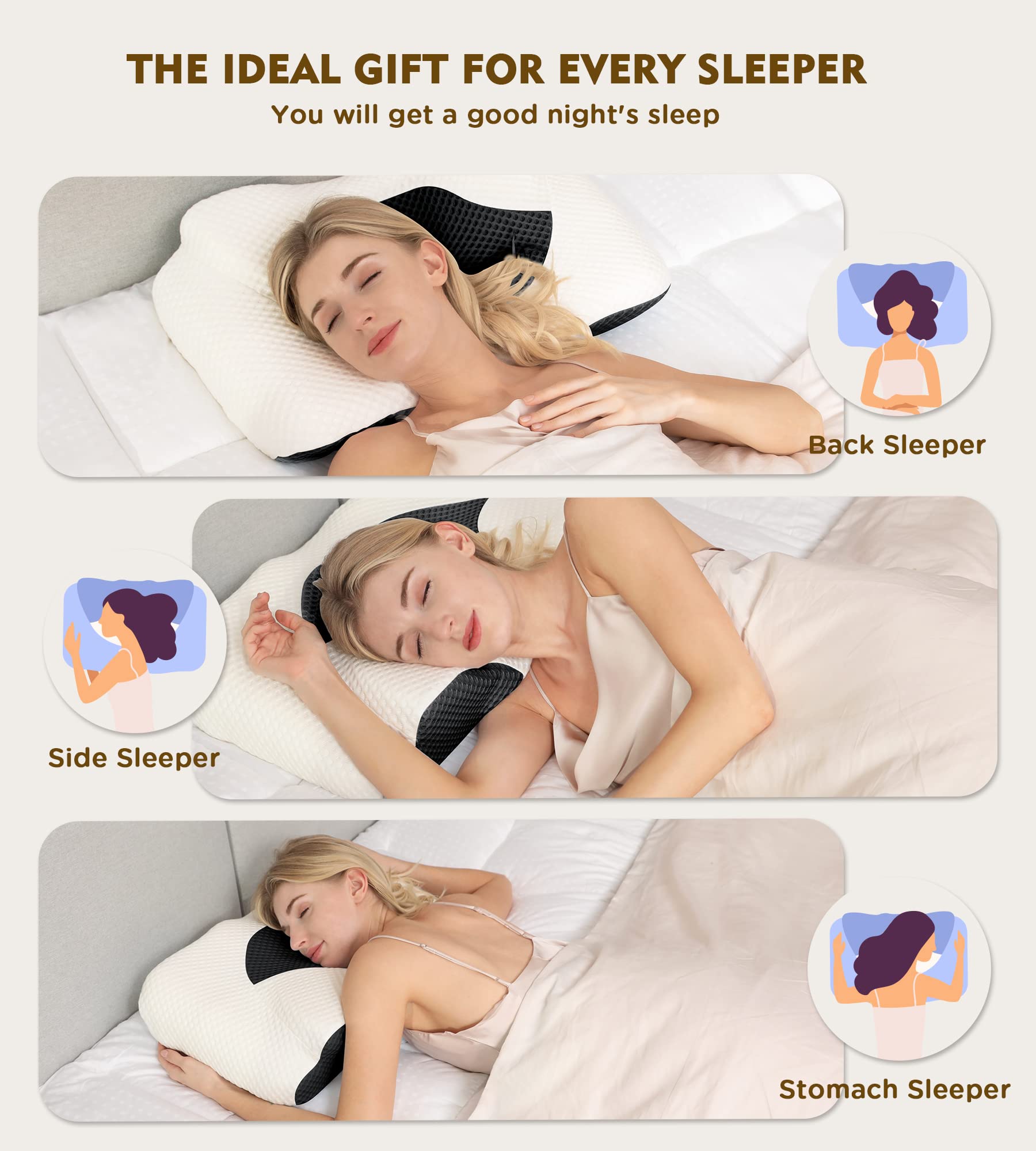 Cervical Pillow for Neck Pain Relief, Hollow Design Odorless Memory Foam Pillows with Cooling Case, Adjustable Orthopedic Bed Pillow for Sleeping, Contour Support for Side Back Stomach Sleepers