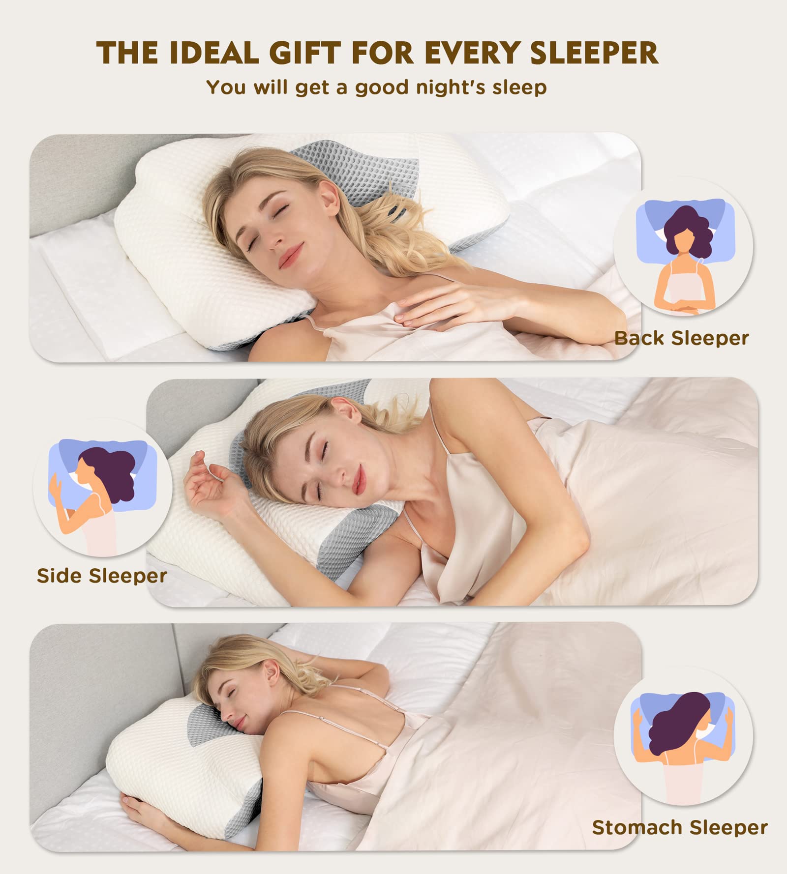 Cervical Pillow for Neck Pain Relief, Hollow Design Odorless Memory Foam Pillows with Cooling Case, Adjustable Orthopedic Bed Pillow for Sleeping, Contour Support for Side Back Stomach Sleepers