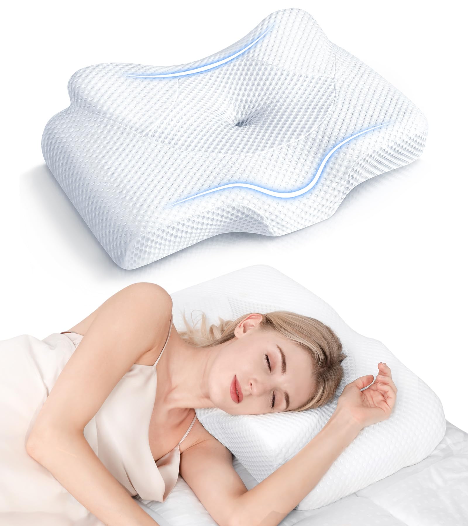 Cervical Pillow for Neck Pain Relief, Hollow Design Odorless Memory Foam Pillows with Cooling Case, Adjustable Orthopedic Bed Pillow for Sleeping, Contour Support for Side Back Stomach Sleepers