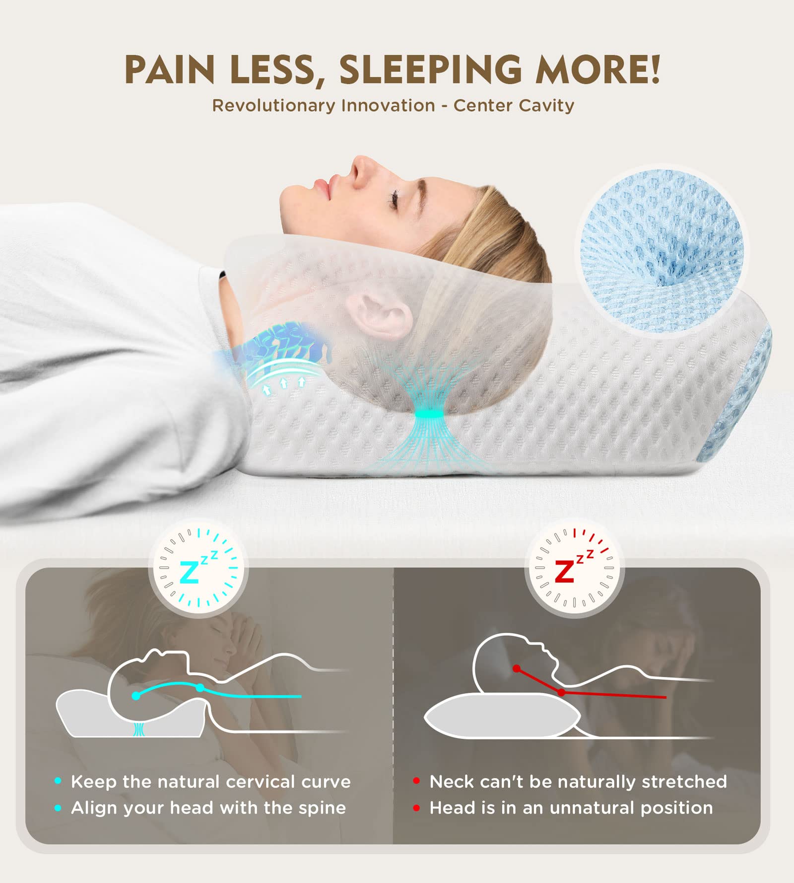 Cervical Pillow for Neck Pain Relief, Hollow Design Odorless Memory Foam Pillows with Cooling Case, Adjustable Orthopedic Bed Pillow for Sleeping, Contour Support for Side Back Stomach Sleepers