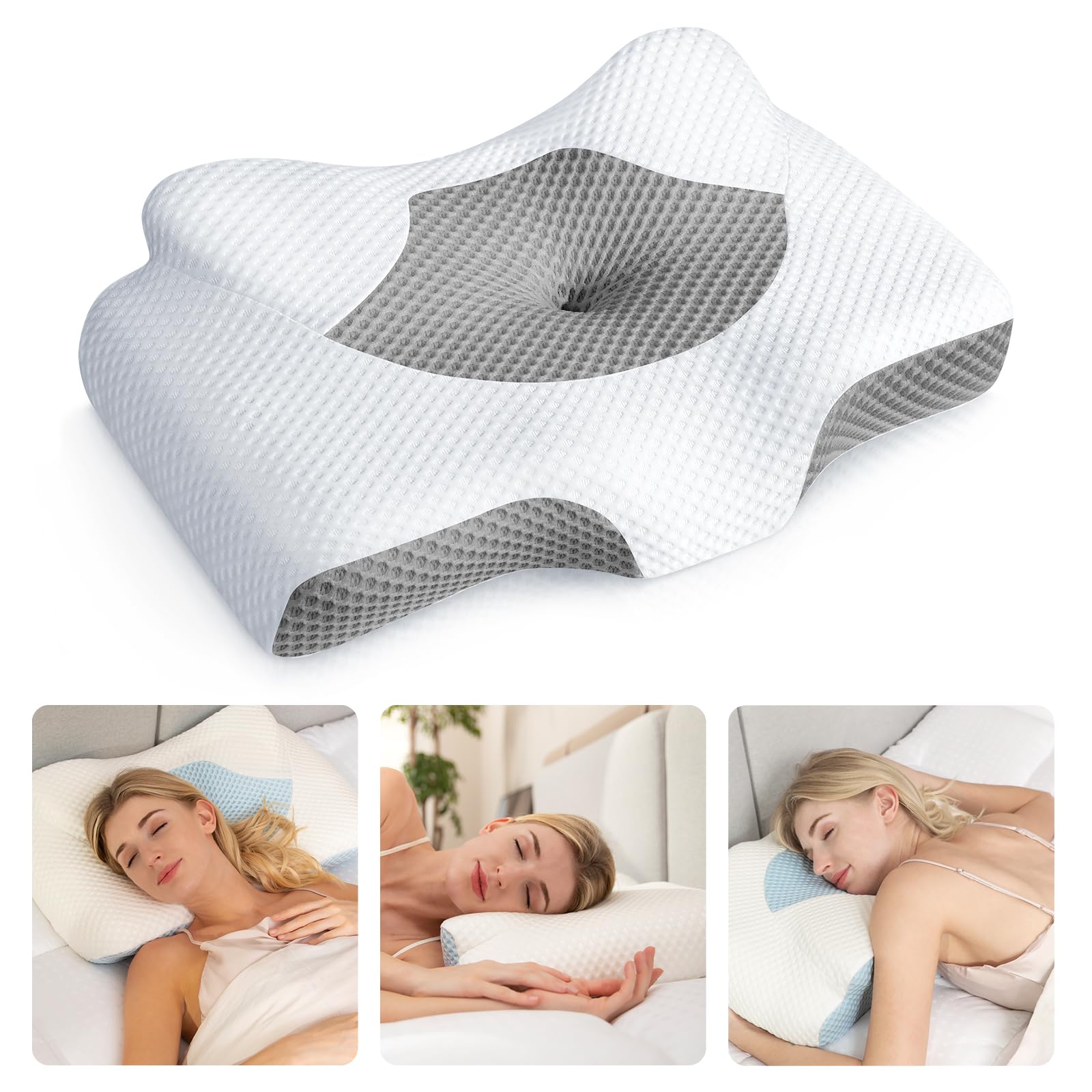 Cervical Pillow for Neck Pain Relief, Hollow Design Odorless Memory Foam Pillows with Cooling Case, Adjustable Orthopedic Bed Pillow for Sleeping, Contour Support for Side Back Stomach Sleepers