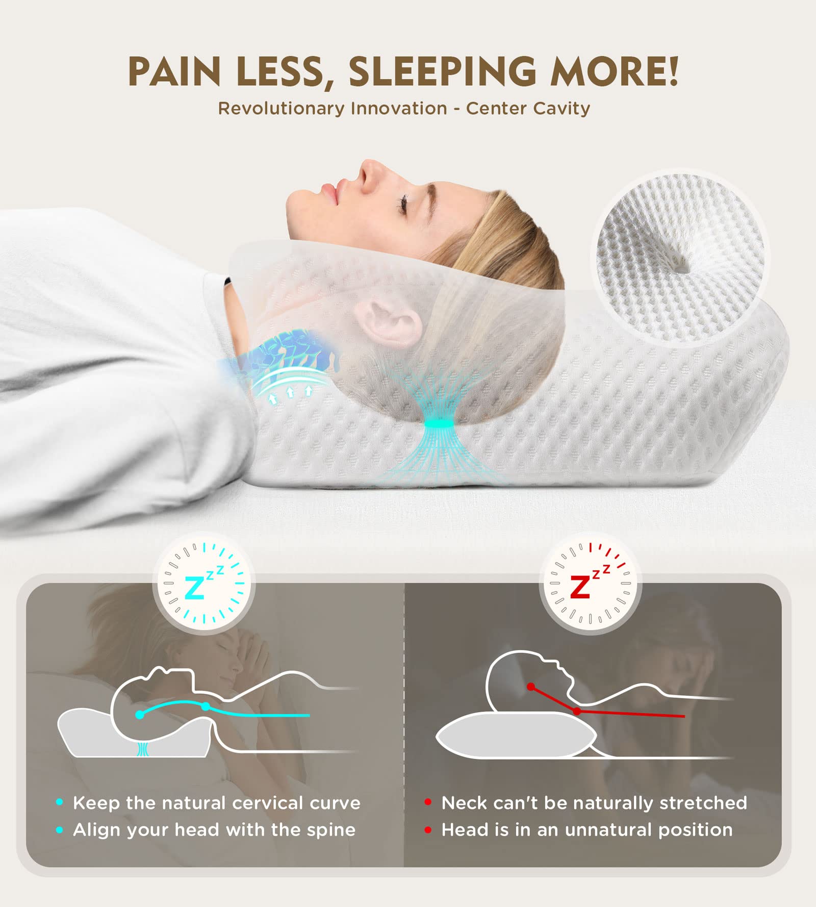 Cervical Pillow for Neck Pain Relief, Hollow Design Odorless Memory Foam Pillows with Cooling Case, Adjustable Orthopedic Bed Pillow for Sleeping, Contour Support for Side Back Stomach Sleepers