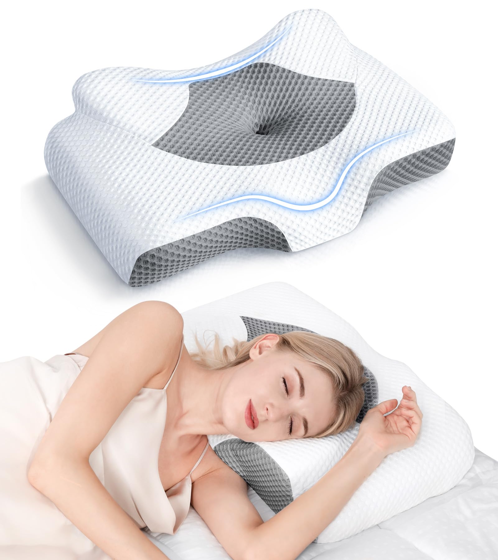 Cervical Pillow for Neck Pain Relief, Hollow Design Odorless Memory Foam Pillows with Cooling Case, Adjustable Orthopedic Bed Pillow for Sleeping, Contour Support for Side Back Stomach Sleepers